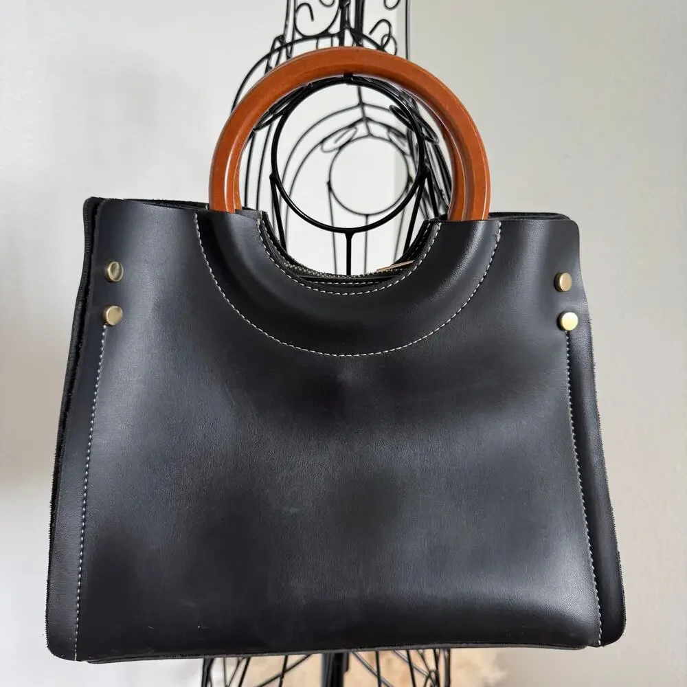 Laura Ashley Black Ivy Zip Tote Bag with Wooden Handles
